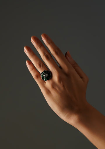 Vinaya Sringara Kundan Oxidized Silver Finish Ring with Stonework