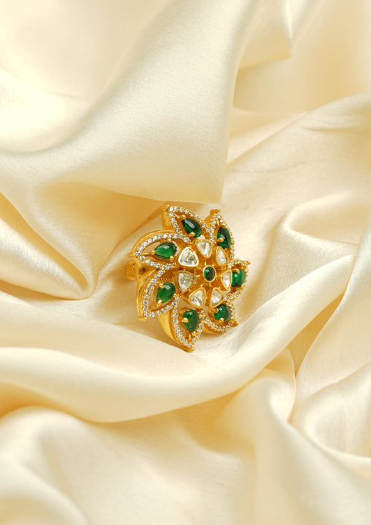 Megha Ratna Moissanite Gold Finish Ring with Stone Work