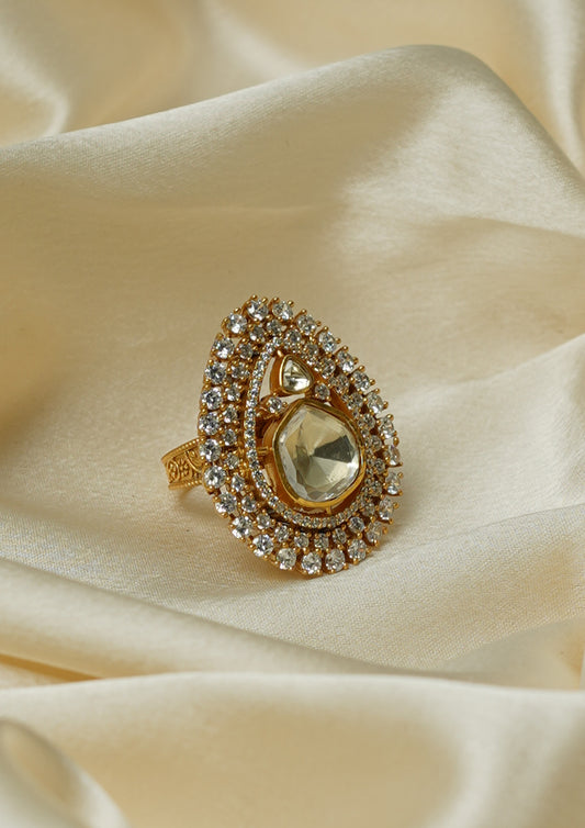 Kalyani Ratna Moissanite Gold Finish Ring with Stone Work