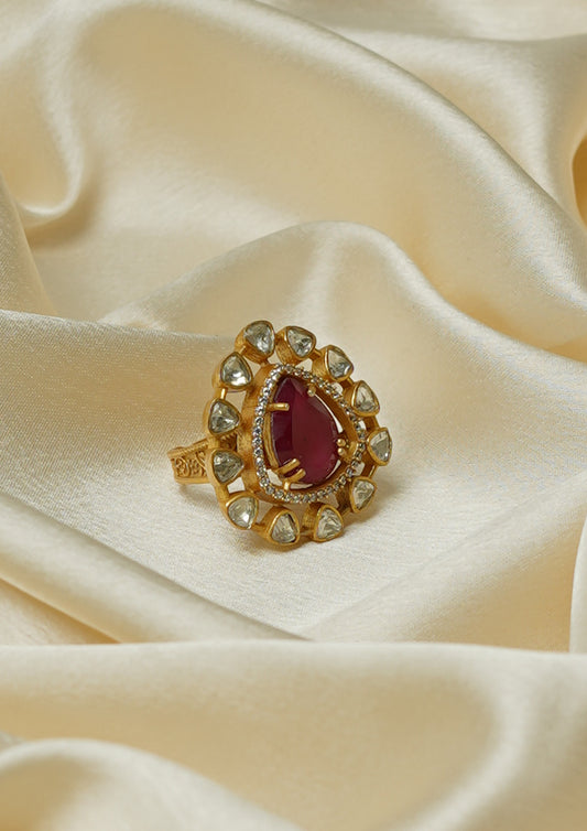 Nava Kantha Moissanite Gold Finish Ring with Stone Work