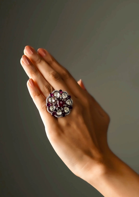 Chandrika Haarika Moissanite Oxidized Silver Finish Ring with Stone Work