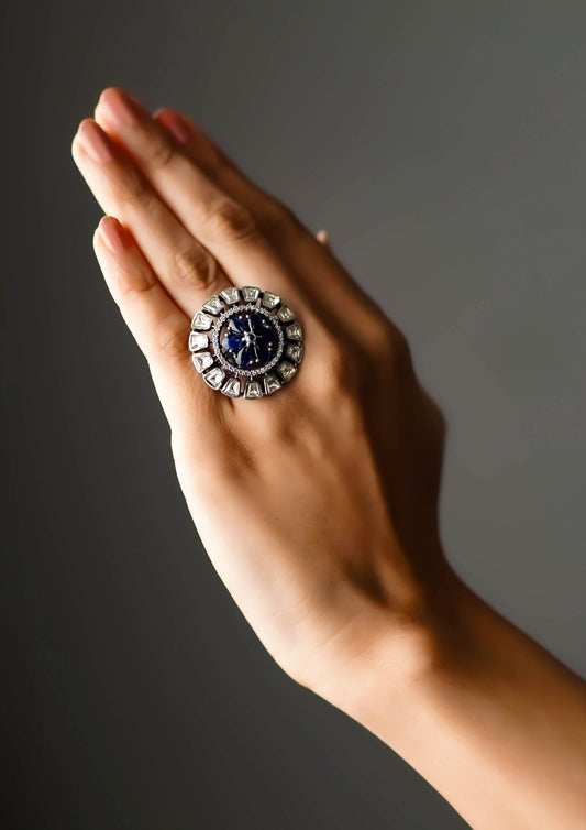 Sarasvati Manohara Moissanite Oxidized Silver Finish Ring with Stone Work