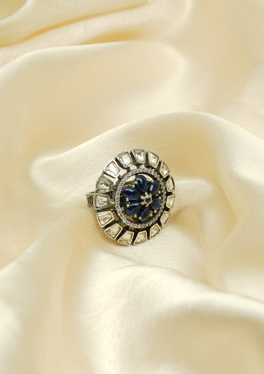 Sarasvati Manohara Moissanite Oxidized Silver Finish Ring with Stone Work