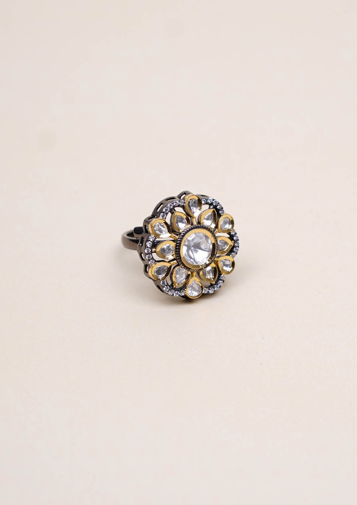 Nava Harini Polki Dual Tone Finish Ring with Stone Work