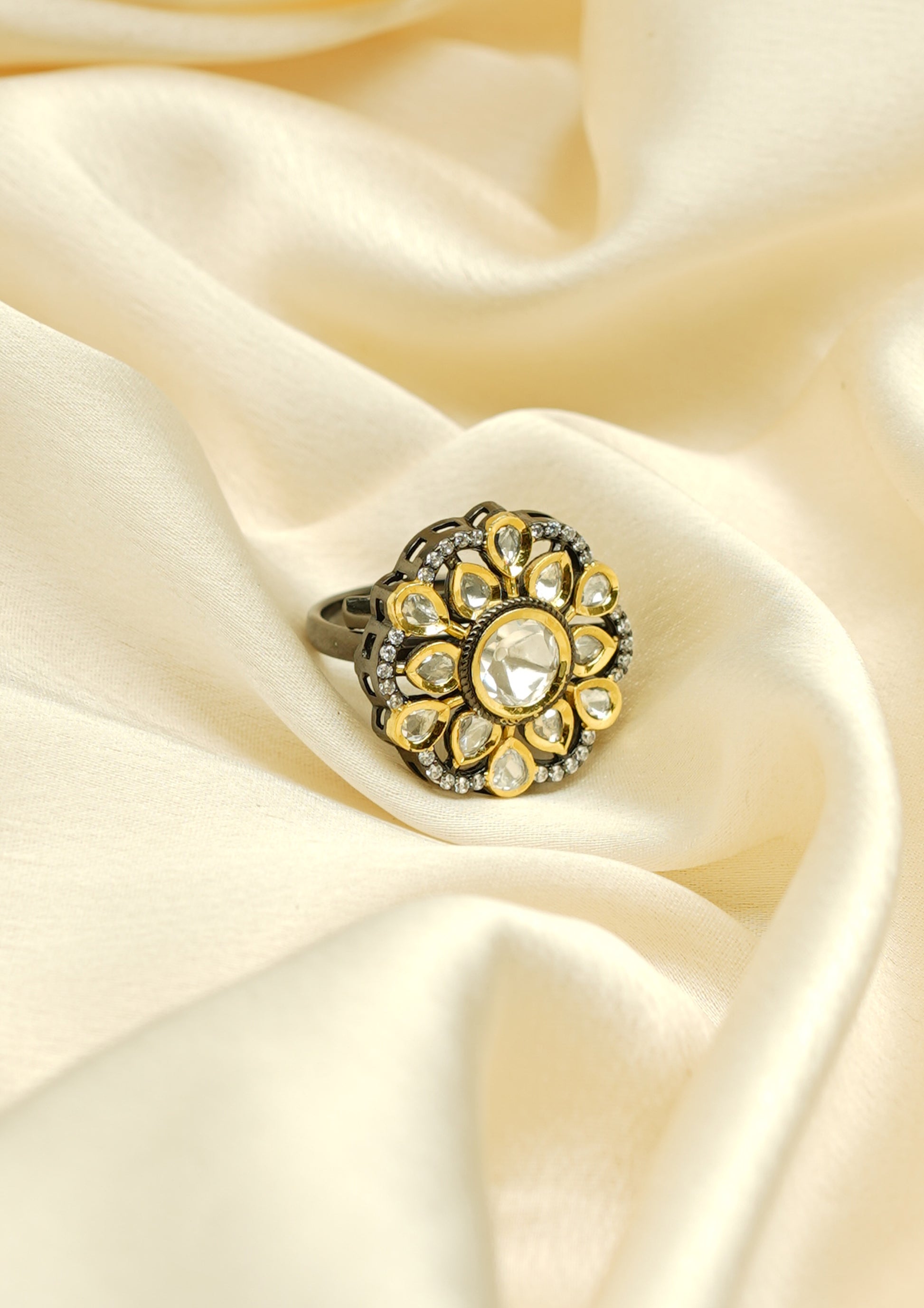 Nava Harini Polki Dual Tone Finish Ring with Stone Work