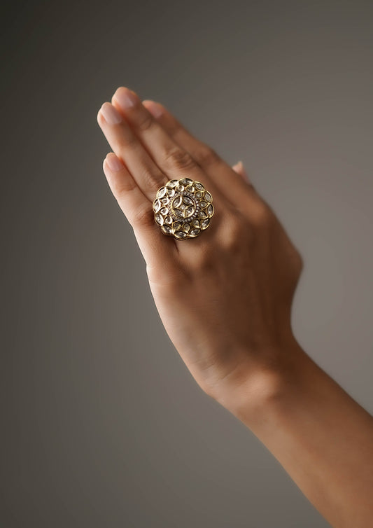 Soma Kundala Polki Dual Tone Finish Ring with Stone Work