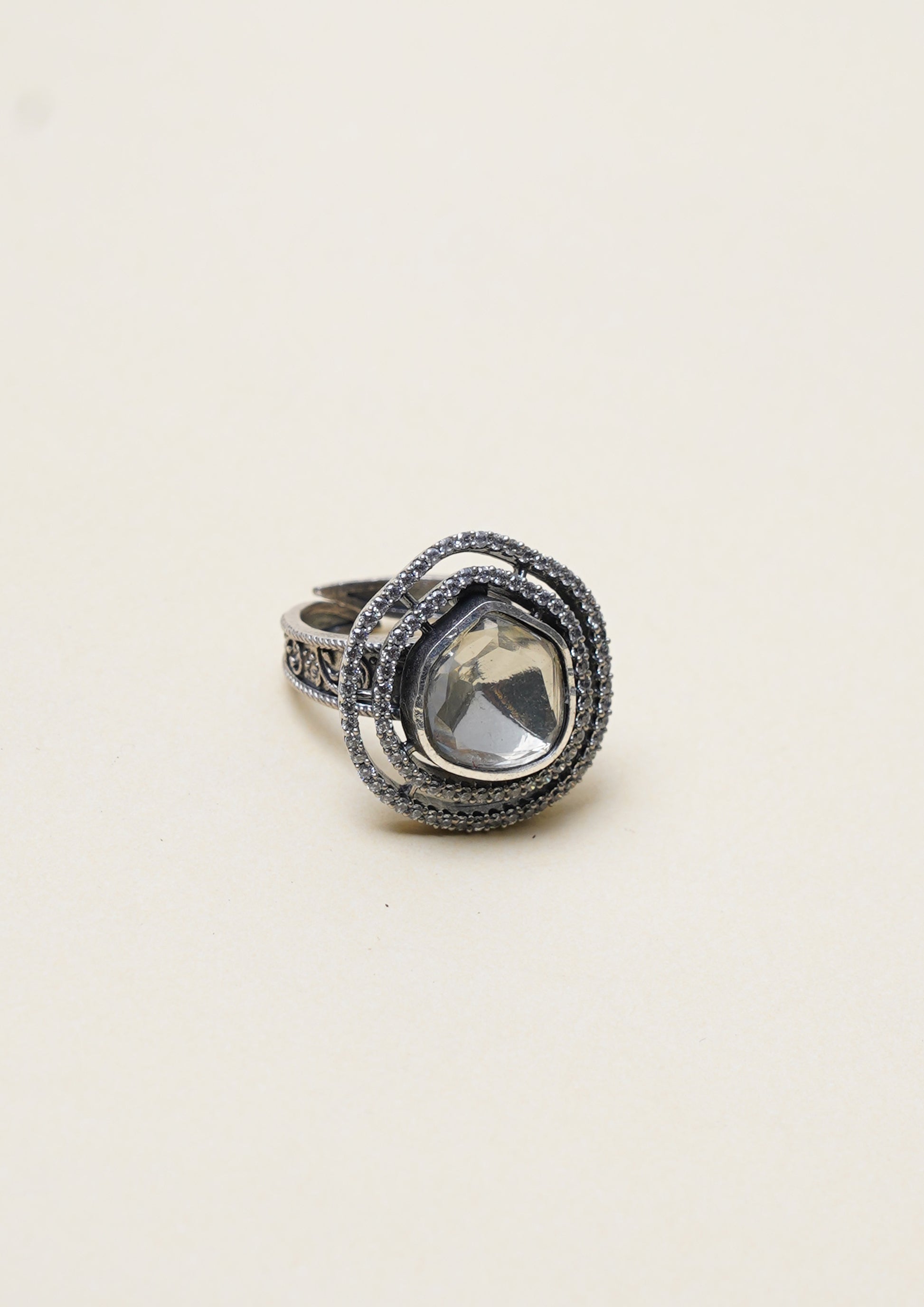 Chandrika Kanti Polki Oxidized Silver Finish Ring with Stone Work