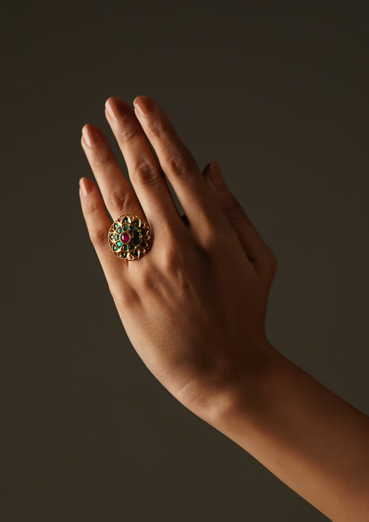 Mrinali Abharana Premium Gold Finish Ring with Stonework