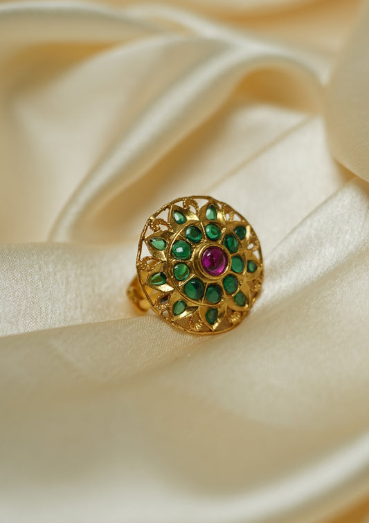 Mrinali Abharana Premium Gold Finish Ring with Stonework