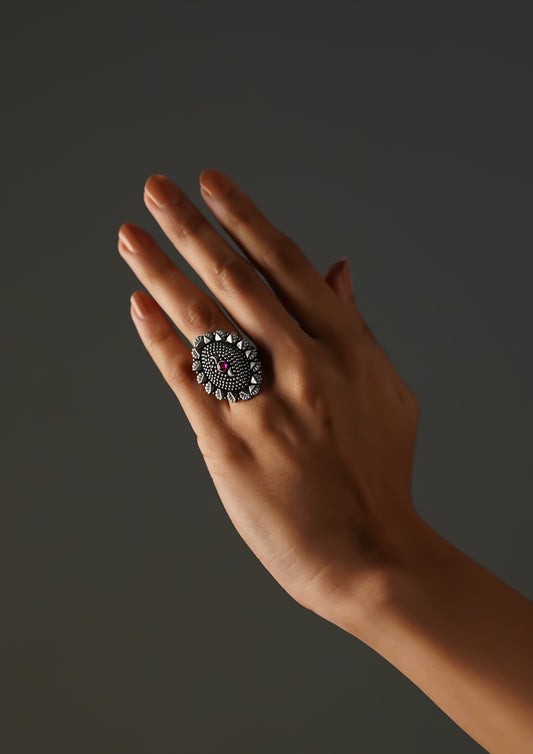 Chhavi Tarang Premium Oxidized Silver Finish Ring with Stonework