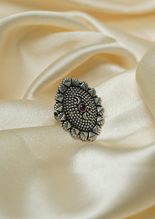 Chhavi Tarang Premium Oxidized Silver Finish Ring with Stonework