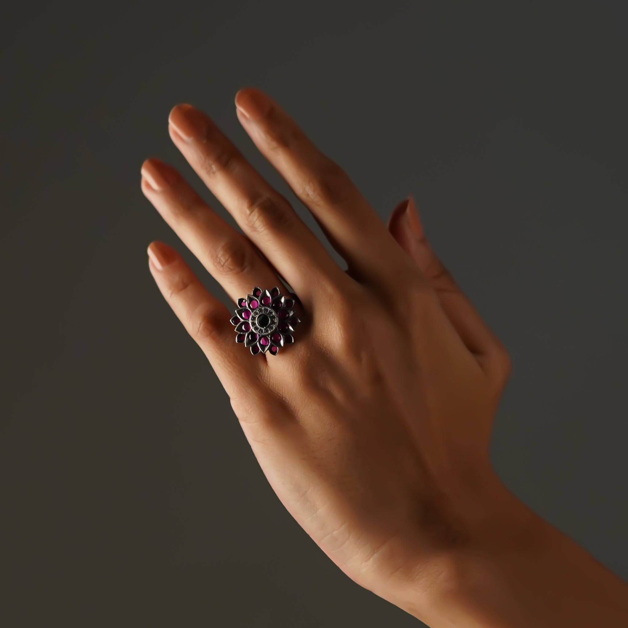 Amoda Vartika Premium Oxidized Silver Finish Ring with Stonework