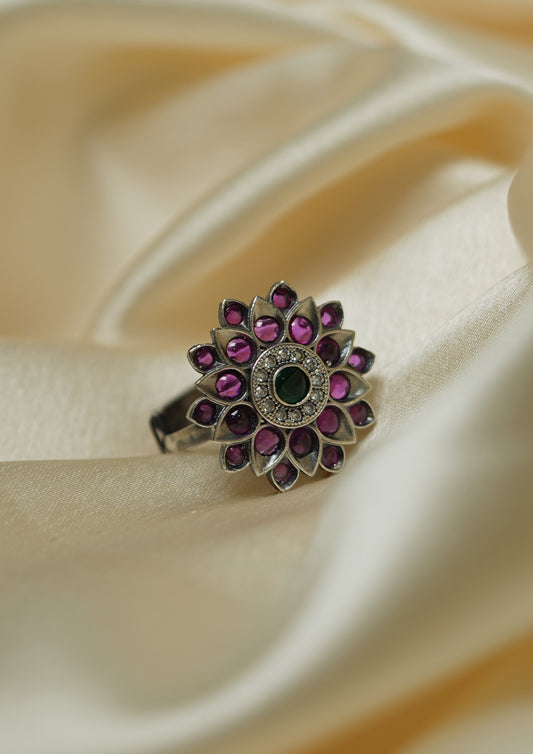 Amoda Vartika Premium Oxidized Silver Finish Ring with Stonework