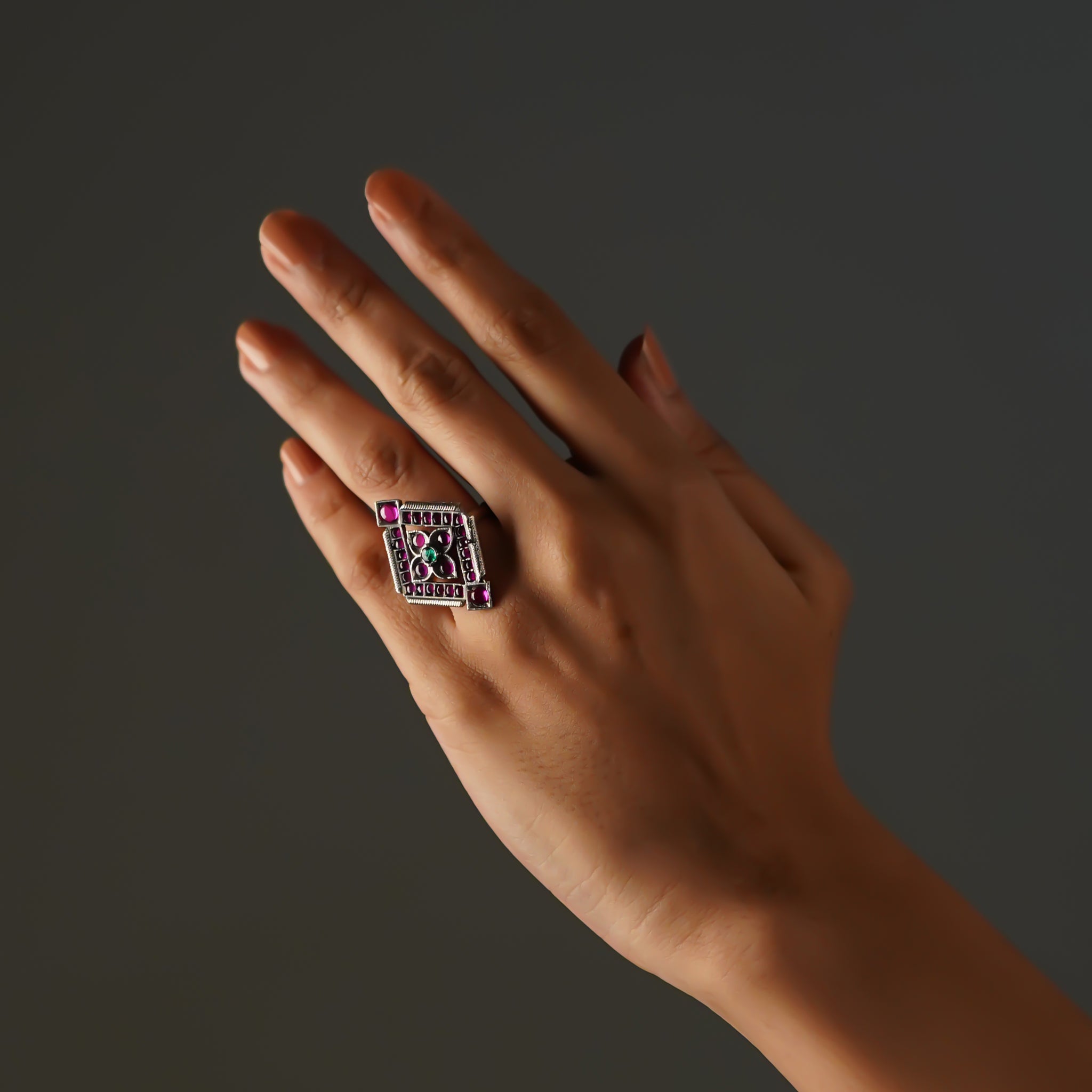 Shringara Kundala Premium Oxidized Silver Finish Ring with Stonework
