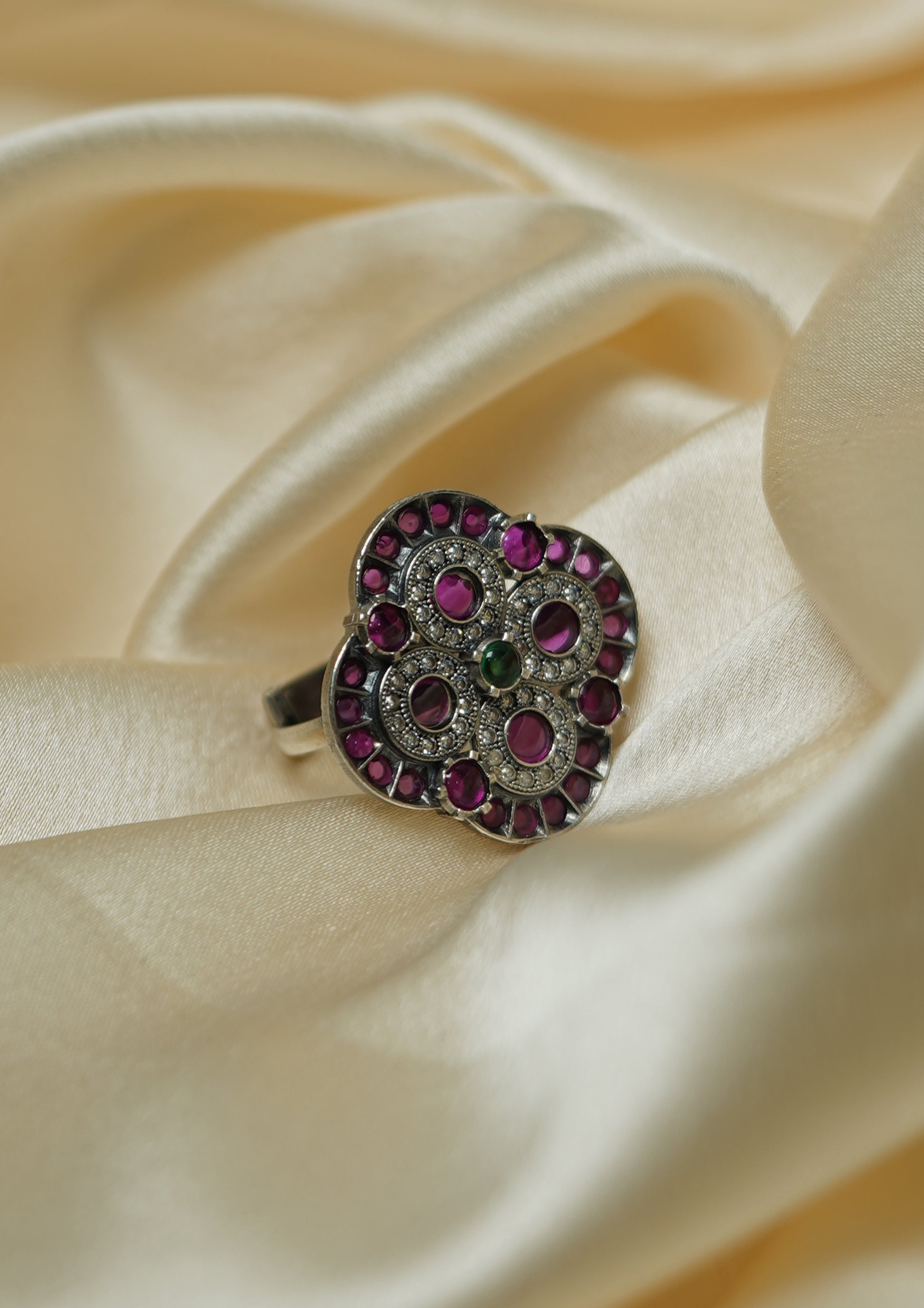 Divya Keshara Premium Oxidized Silver Finish Ring with Stonework