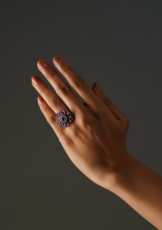 Ananda Shobha Premium Oxidized Silver Finish Ring with Stonework