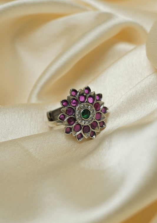 Ananda Shobha Premium Oxidized Silver Finish Ring with Stonework