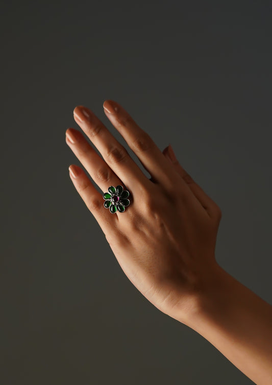Shanti Komala Premium Oxidized Silver Finish Ring with Stonework