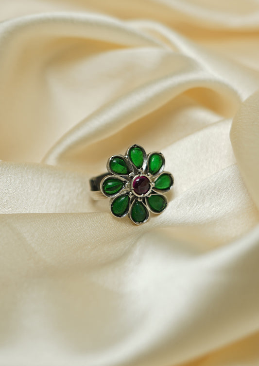 Shanti Komala Premium Oxidized Silver Finish Ring with Stonework