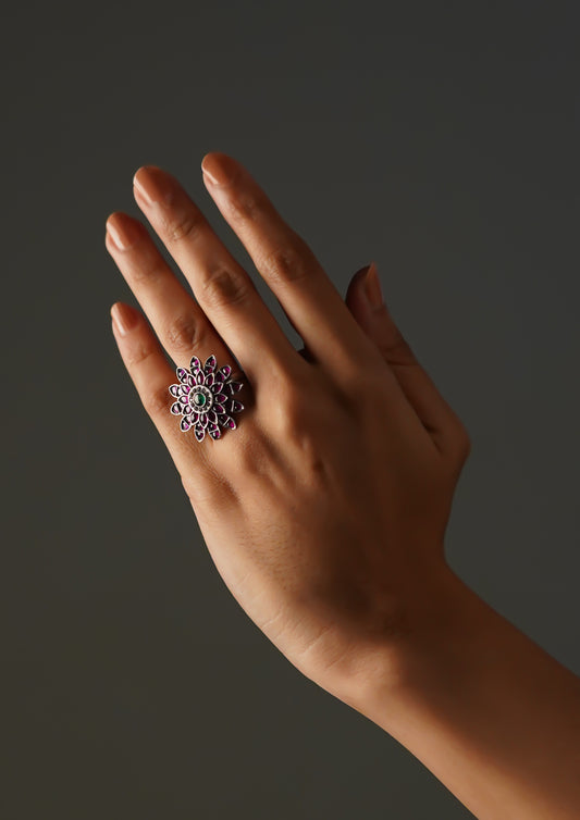 Siddhi Swara Premium Oxidized Silver Finish Ring with Stonework
