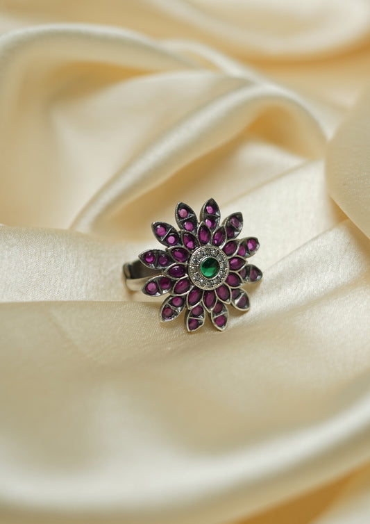 Siddhi Swara Premium Oxidized Silver Finish Ring with Stonework