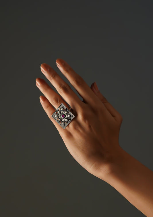 Mrinali Sundara Premium Oxidized Silver Finish Ring with Stonework