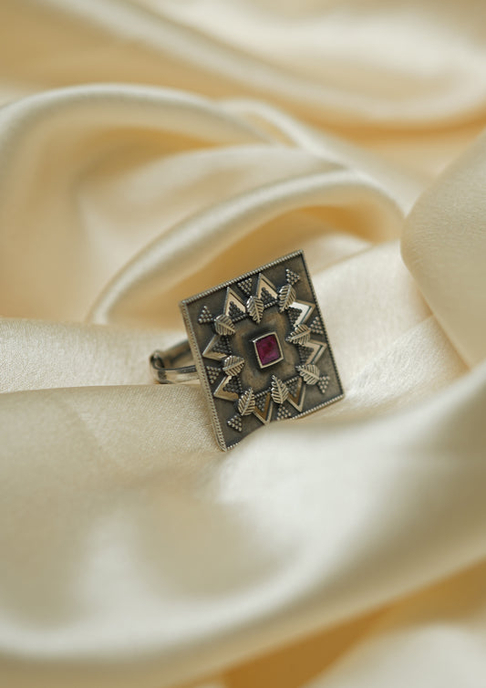 Mrinali Sundara Premium Oxidized Silver Finish Ring with Stonework