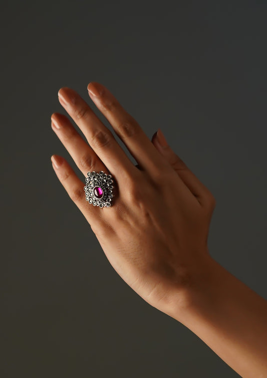 Jyotsna Sphurana Premium Oxidized Silver Finish Ring with Stonework