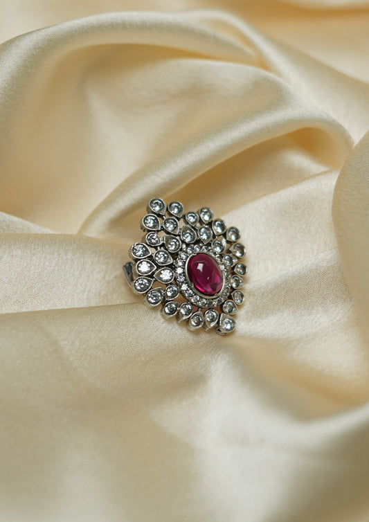 Jyotsna Sphurana Premium Oxidized Silver Finish Ring with Stonework