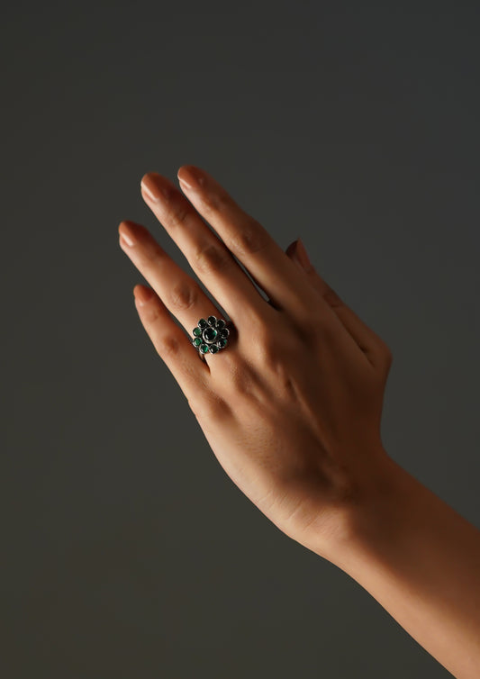 Rasa Kavya Premium Oxidized Silver Finish Ring with Stonework