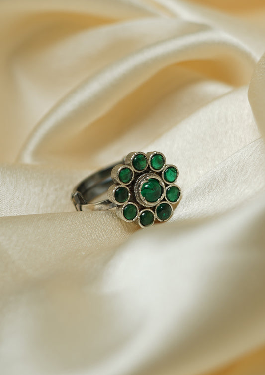 Rasa Kavya Premium Oxidized Silver Finish Ring with Stonework