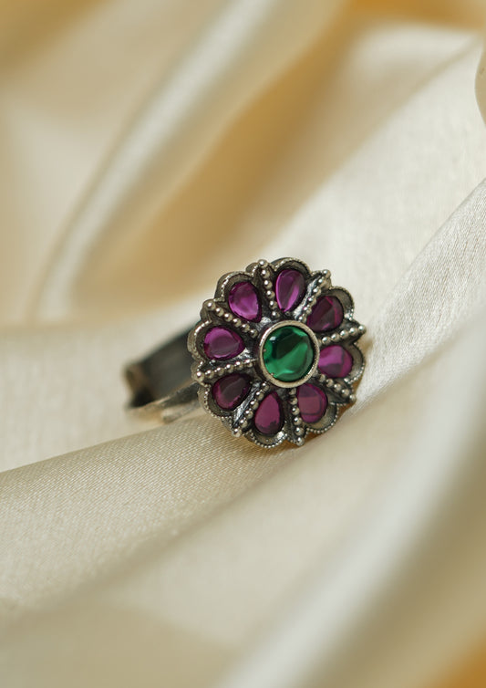 Vishada Kanti Premium Oxidized Silver Finish Ring with Stonework