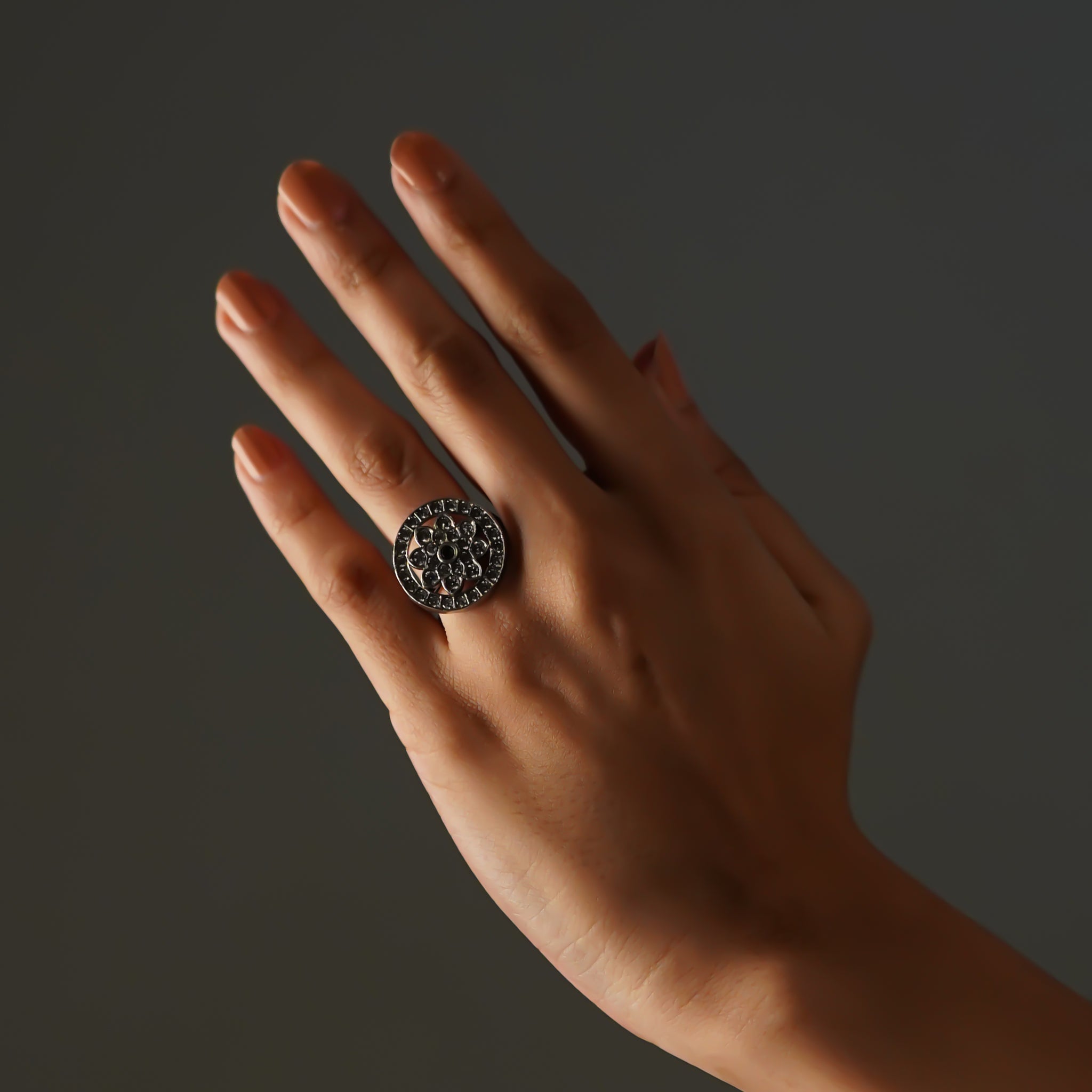 Sukhmani Varsha Premium Oxidized Silver Finish Ring with Stonework