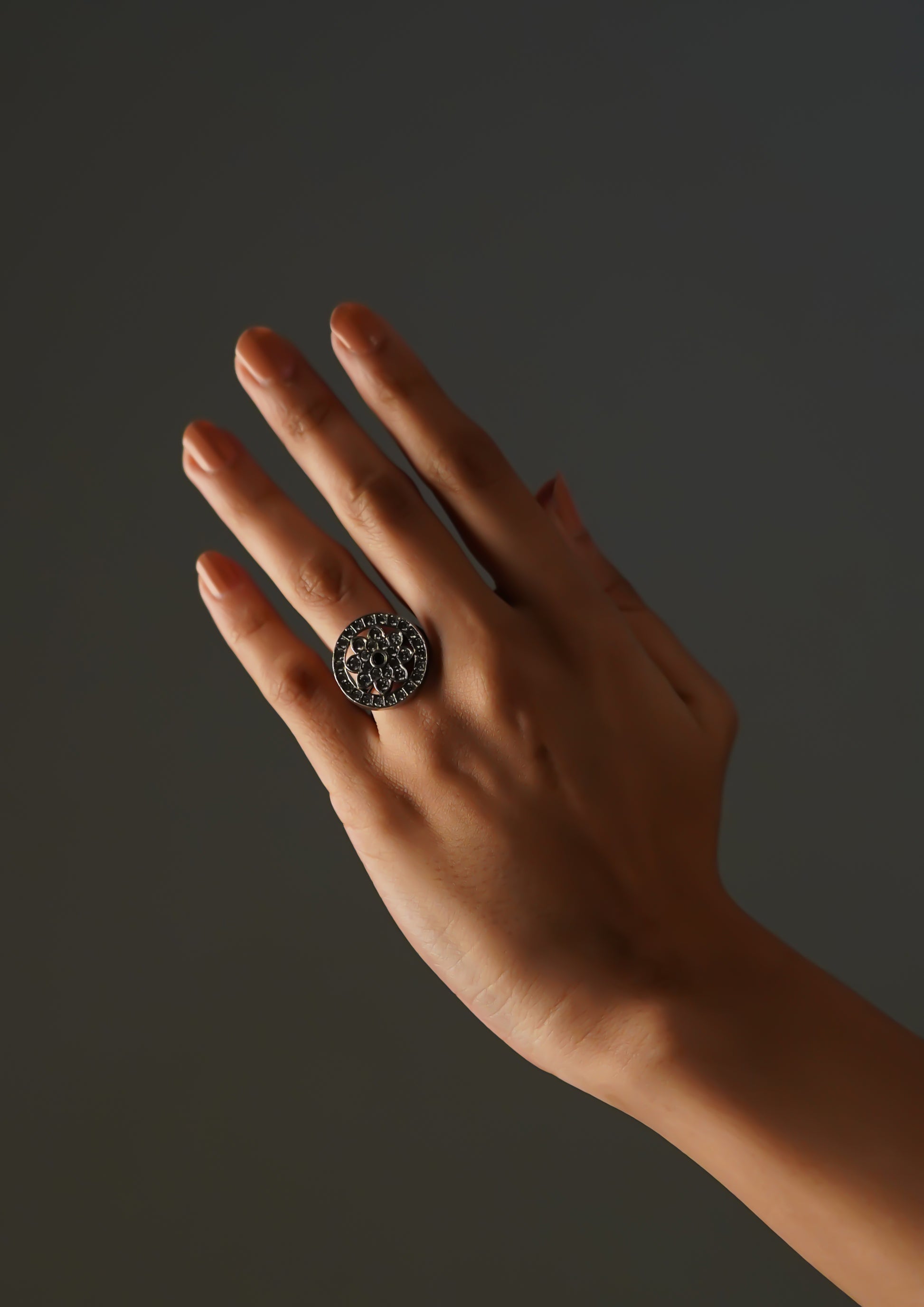 Sukhmani Varsha Premium Oxidized Silver Finish Ring with Stonework