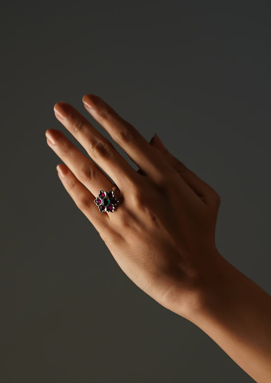 Divya Taru Premium Oxidized Silver Finish Ring with Stonework