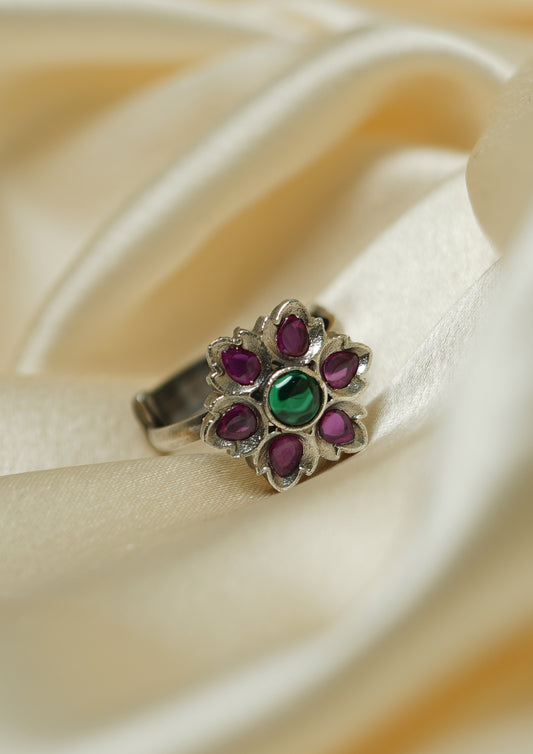 Divya Taru Premium Oxidized Silver Finish Ring with Stonework
