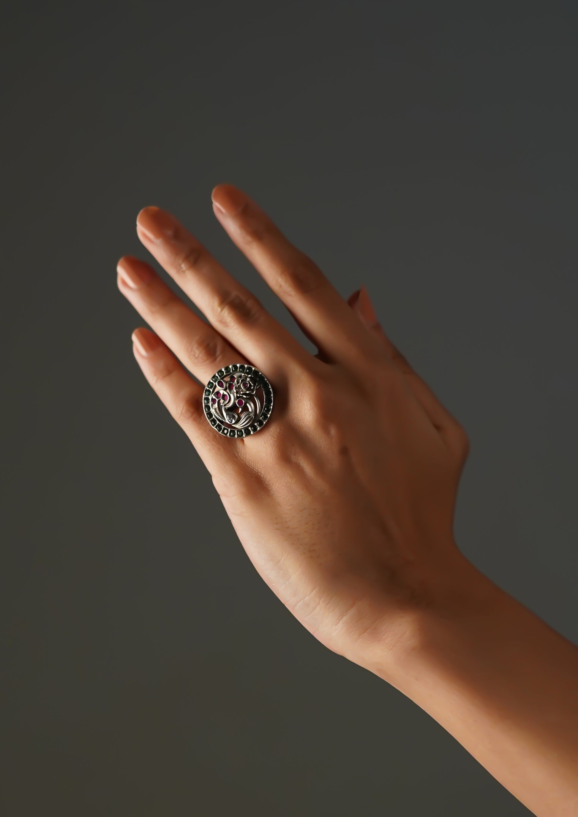 Shraddha Abhushana Premium Oxidized Silver Finish Ring with Stonework