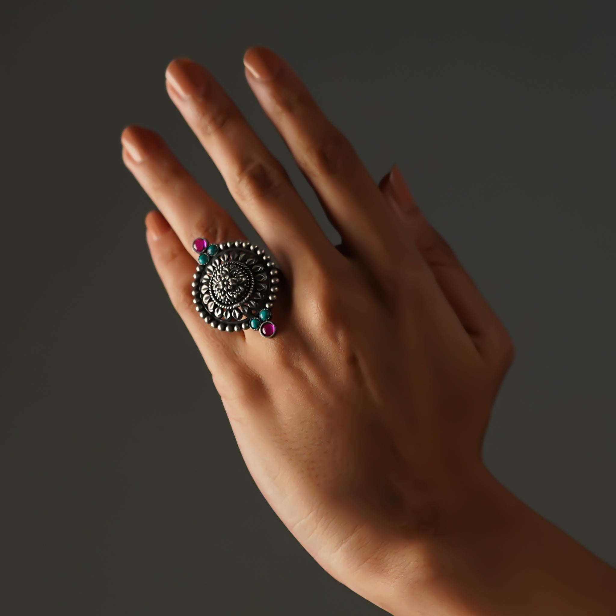 Abhiruchi Keshara Premium Oxidized Silver Finish Ring with Stonework