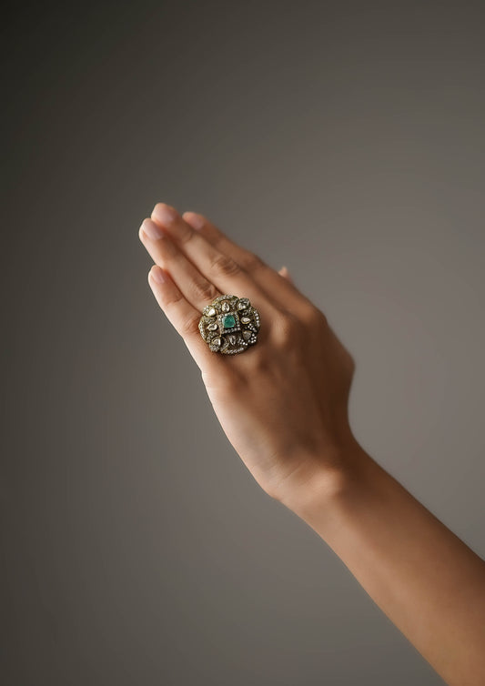 Dhanya Haarika Victorian Golden Hue Finish Ring with Stone Work