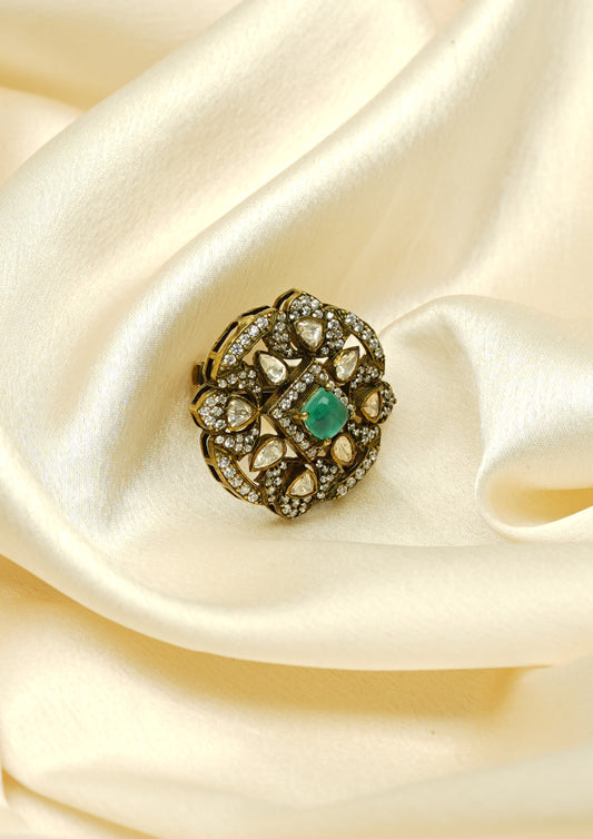 Dhanya Haarika Victorian Golden Hue Finish Ring with Stone Work