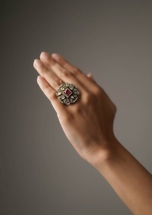 Prerna Kundala Victorian Golden Hue Finish Ring with Stone Work