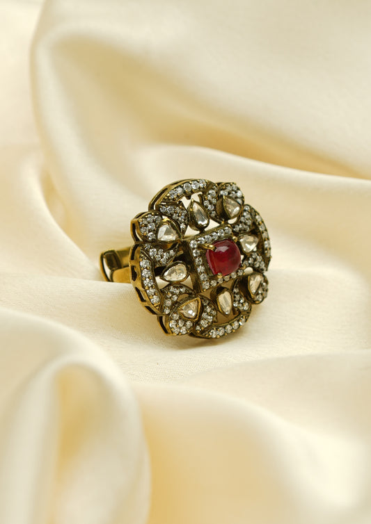 Prerna Kundala Victorian Golden Hue Finish Ring with Stone Work