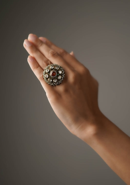 Dhyana Kantha Victorian Golden Hue Finish Ring with Stone Work