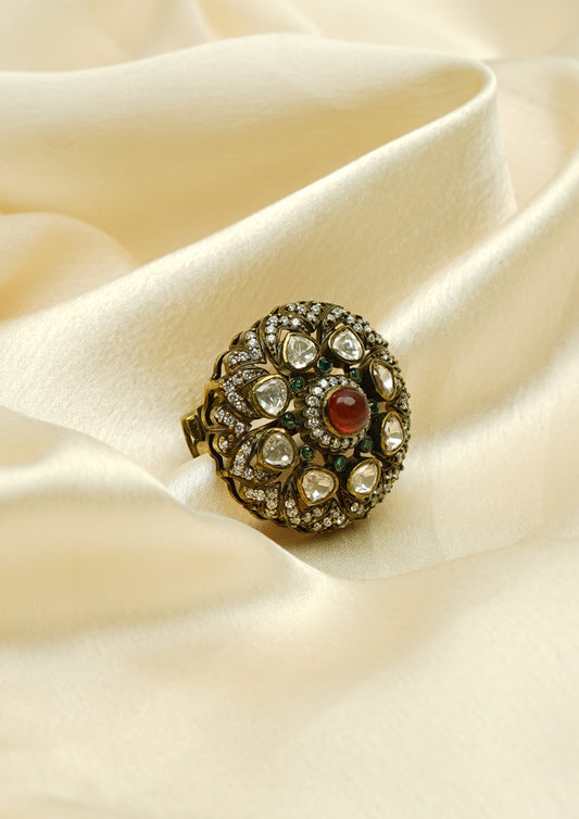 Dhyana Kantha Victorian Golden Hue Finish Ring with Stone Work