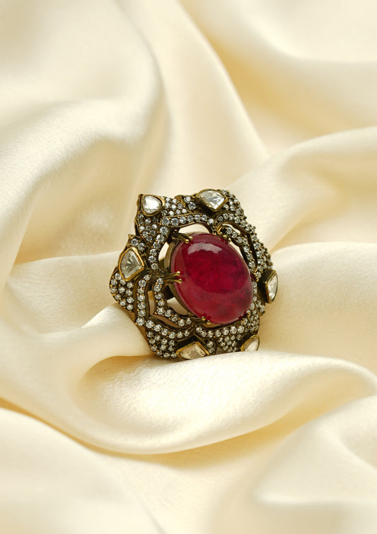 Bhairavi Manohara Victorian Golden Hue Finish Ring with Stone Work