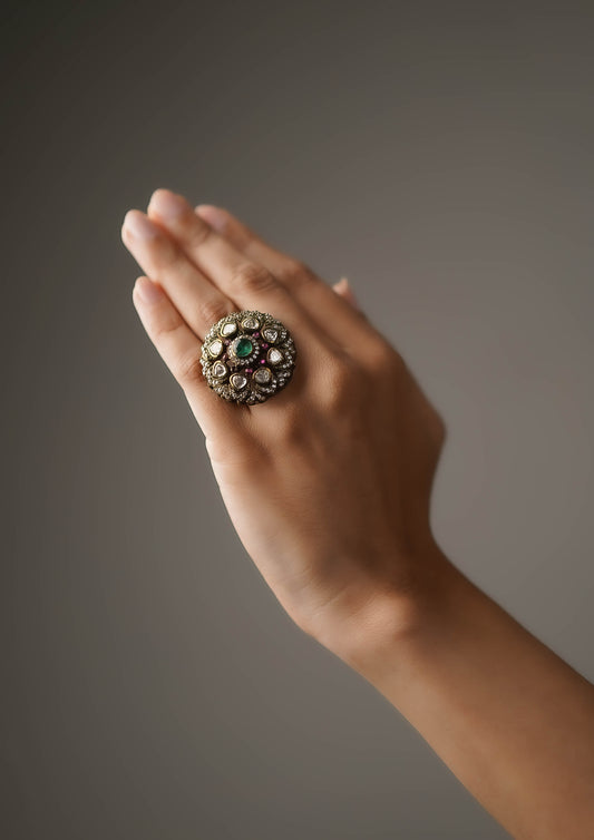 Varuni Tarangini Victorian Golden Hue Finish Ring with Stone Work