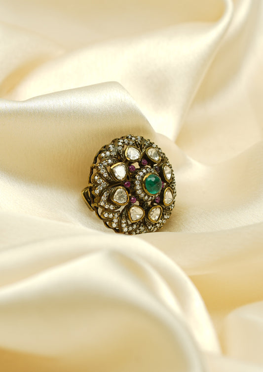 Varuni Tarangini Victorian Golden Hue Finish Ring with Stone Work