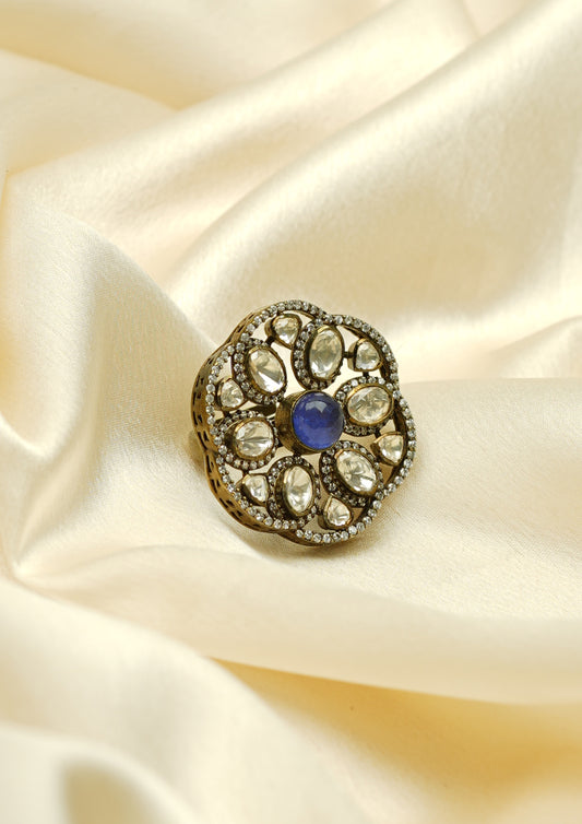 Vasundhara Kundala Victorian Golden Hue Finish Ring with Stone Work